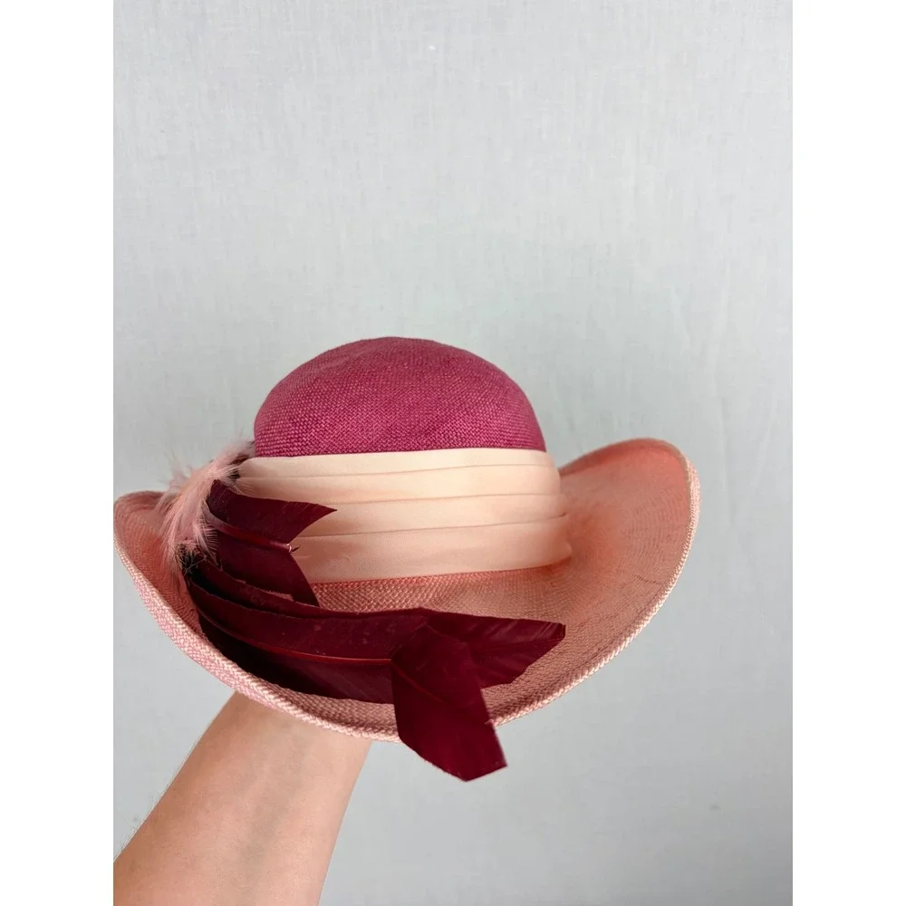 Vintage Mr Charles Pink Straw Sun Hat Feather Flower Wide Brim Church Wedding